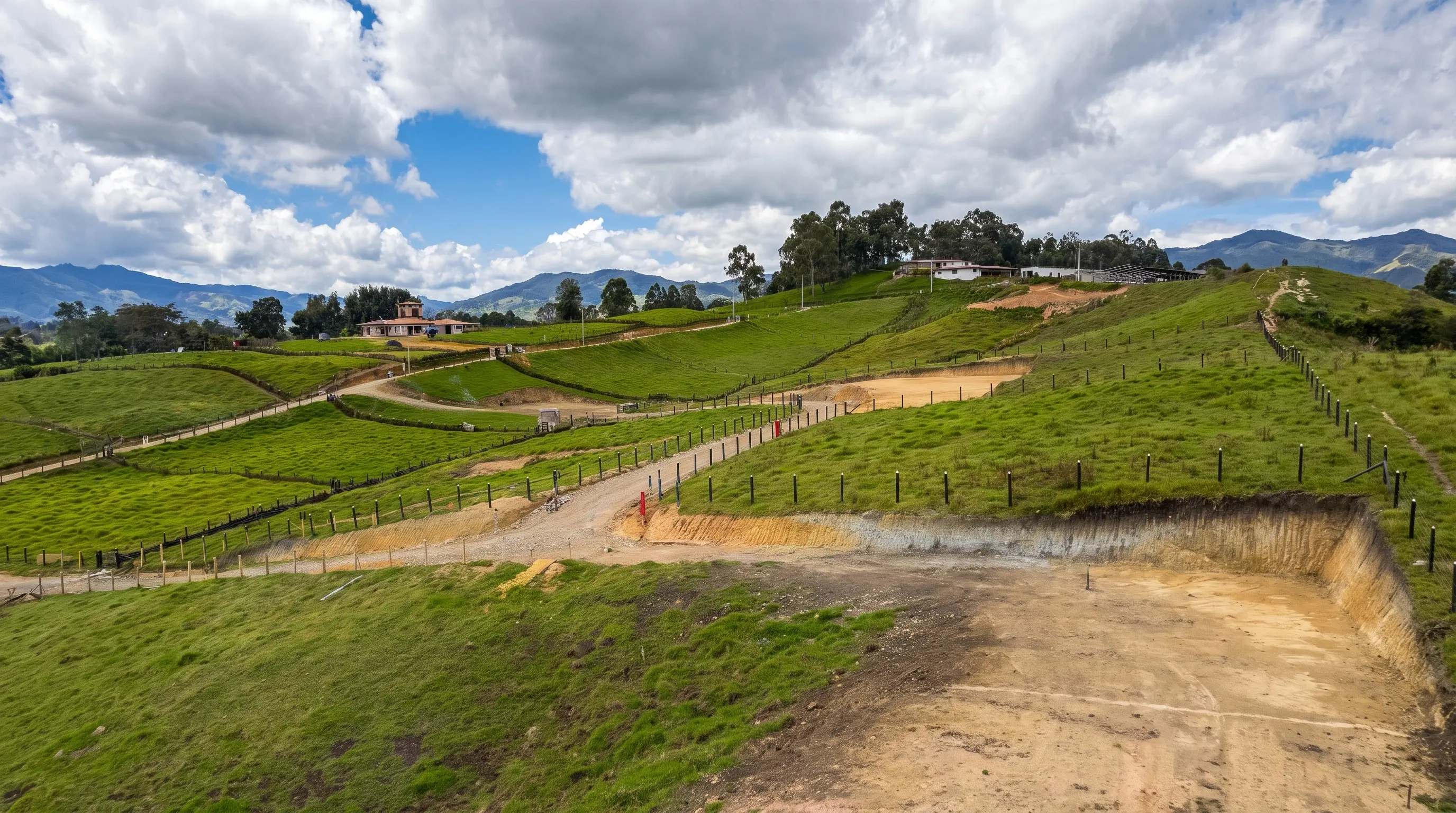 Vista panorámica del proyecto completo Primavera Campestre: camino interno, lotes demarcados en terrazas, eucaliptos y montañas de Antioquia al fondo